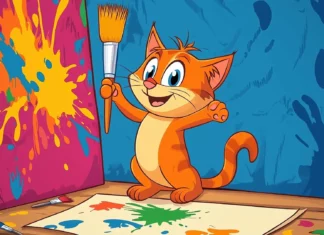 A cat painting a colorful mural on a wall, surrounded by splashes of paint and cute little brushes, with a creative vibe.