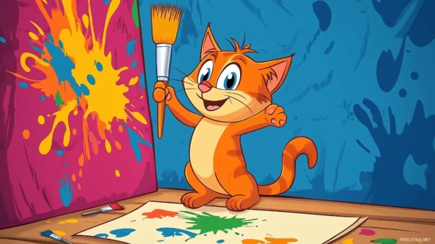 A cat painting a colorful mural on a wall, surrounded by splashes of paint and cute little brushes, with a creative vibe.