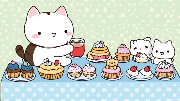 A cat sipping tea with its stuffed animal friends at a cute little table set with cupcakes and pastries, in a cozy setting.
