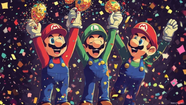 A celebration moment with Peach, Mario, and Luigi under confetti rain in this joyful Mario Bros Desktop Wallpaper.