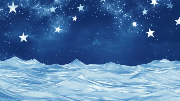 A celestial dream Galaxy blue stars background, with stars twinkling above silver ocean waves.