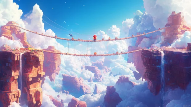 A chain of platforms carries Mario across a canyon with shy guys and Koopas in Super Mario World.