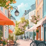 A charming Summer street with bicycles, blooming flower pots, and cafes.