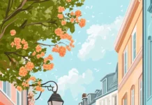 A charming Summer street with bicycles, blooming flower pots, and cafes.