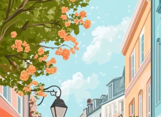 A charming Summer street with bicycles, blooming flower pots, and cafes.