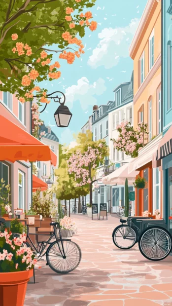 A charming Summer street with bicycles, blooming flower pots, and cafes.