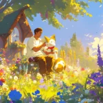 A charming animated cartoon wallpaper for desktop with pets playing in a flower garden.