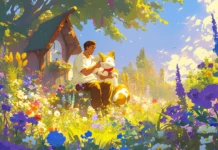 A charming animated cartoon wallpaper for desktop with pets playing in a flower garden.