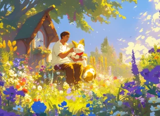 A charming animated cartoon wallpaper for desktop with pets playing in a flower garden.