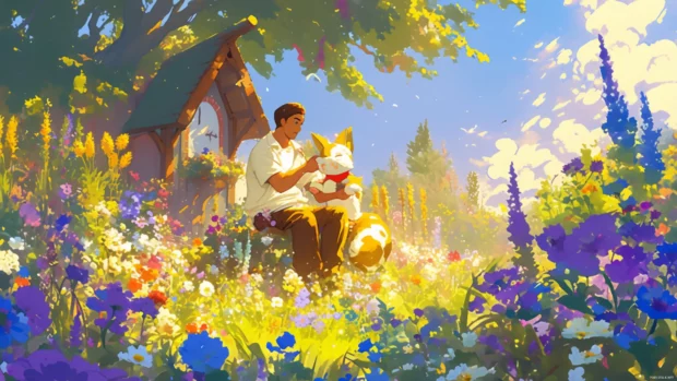 A charming animated cartoon wallpaper for desktop with pets playing in a flower garden.