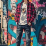 A charming anime boy with pink hair, casual streetwear, and a mischievous grin, standing under a colorful graffiti wall in an urban alley.