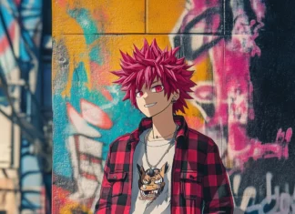 A charming anime boy with pink hair, casual streetwear, and a mischievous grin, standing under a colorful graffiti wall in an urban alley.