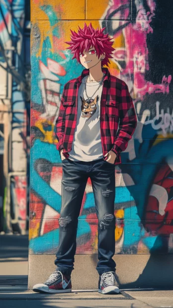 A charming anime boy with pink hair, casual streetwear, and a mischievous grin, standing under a colorful graffiti wall in an urban alley.