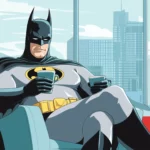 A charming scene of Batman on a day off, sipping coffee in a café with a skyline view, cape on a chair.