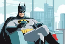 A charming scene of Batman on a day off, sipping coffee in a café with a skyline view, cape on a chair.