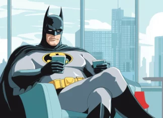 A charming scene of Batman on a day off, sipping coffee in a café with a skyline view, cape on a chair.