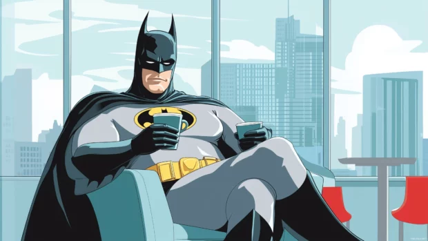 A charming scene of Batman on a day off, sipping coffee in a café with a skyline view, cape on a chair.