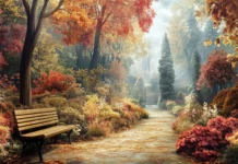 A charming woodland path perfect for Autumn park scenery wallpaper, falling gently over a hidden park bench.