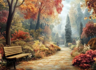 A charming woodland path perfect for Autumn park scenery wallpaper, falling gently over a hidden park bench.
