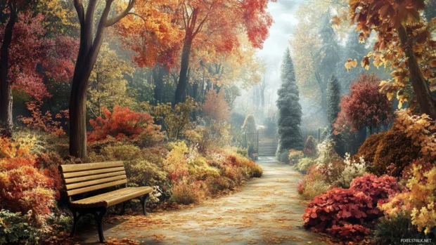 A charming woodland path perfect for Autumn park scenery wallpaper, falling gently over a hidden park bench.