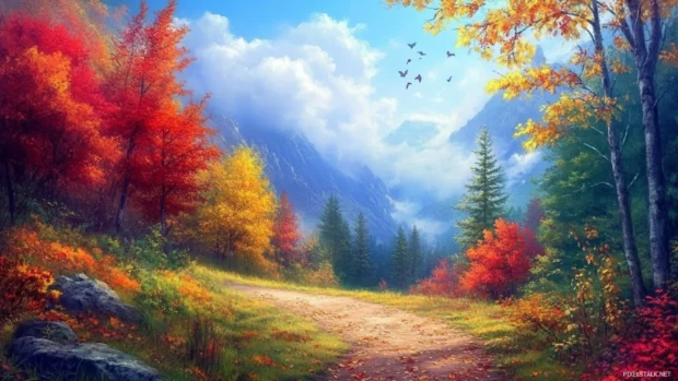 A charming woodland path perfect for Colorful autumn forest wallpaper, rustling under a crisp blue sky.