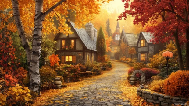 A charming woodland path perfect for Cozy autumn village wallpaper, whispering through an old village square.