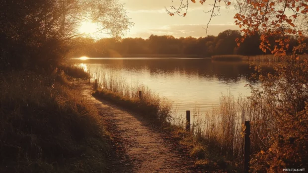 A charming woodland path perfect for Pretty autumn lake wallpaper, glowing warmly in the setting sun.