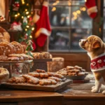 A cheerful Christmas bakery with a puppy sniffing gingerbread cookies near the counter.