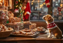 A cheerful Christmas bakery with a puppy sniffing gingerbread cookies near the counter.