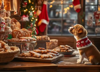 A cheerful Christmas bakery with a puppy sniffing gingerbread cookies near the counter.