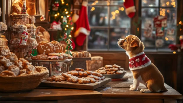 A cheerful Christmas bakery with a puppy sniffing gingerbread cookies near the counter.