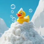 A cheerful Rubber Duck wallpaper showing the duck popping out of a bubble mountain.