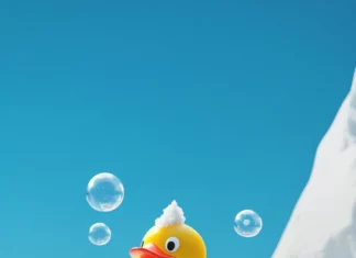 A cheerful Rubber Duck wallpaper showing the duck popping out of a bubble mountain.