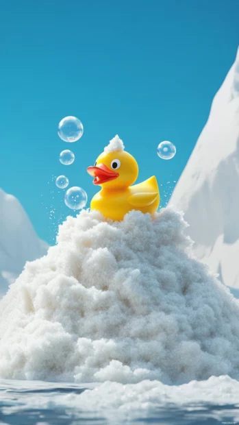 A cheerful Rubber Duck wallpaper showing the duck popping out of a bubble mountain.
