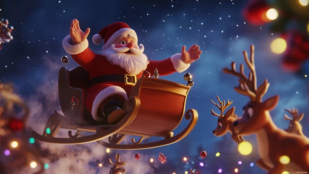 A cheerful Santa Claus flying through a starry night sky in his sleigh, surrounded by playful reindeer and colorful Christmas lights.