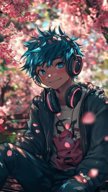 A cheerful anime boy with blue hair and headphones around his neck, sitting on a bench in a vibrant park surrounded by cherry blossoms.