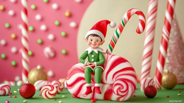 A cheerful elf on a giant candy cane, with lollipops and festive decorations around.