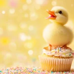 A cheerful little duck standing on a cupcake with colorful sprinkles for a sweet Cute Duck Wallpapers design.