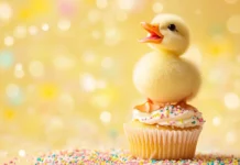 A cheerful little duck standing on a cupcake with colorful sprinkles for a sweet Cute Duck Wallpapers design.