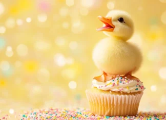 A cheerful little duck standing on a cupcake with colorful sprinkles for a sweet Cute Duck Wallpapers design.
