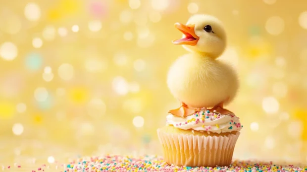 A cheerful little duck standing on a cupcake with colorful sprinkles for a sweet Cute Duck Wallpapers design.