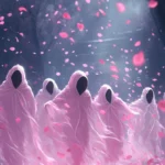A cheerful scene in Pink Ghost Wallpapers with dancing ghosts in pink hoodies under falling petals.