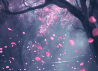 A cheerful scene in Pink Ghost Wallpapers with dancing ghosts in pink hoodies under falling petals.