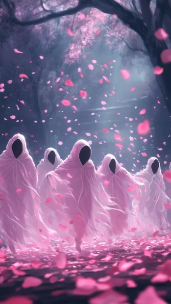A cheerful scene in Pink Ghost Wallpapers with dancing ghosts in pink hoodies under falling petals.