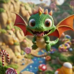 A chibi dragon flying over a candy land, with lollipops and candy canes scattered around, looking curious and happy.