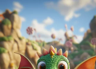 A chibi dragon flying over a candy land, with lollipops and candy canes scattered around, looking curious and happy.