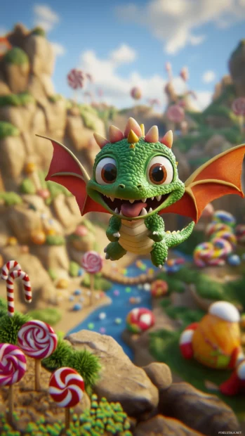 A chibi dragon flying over a candy land, with lollipops and candy canes scattered around, looking curious and happy.