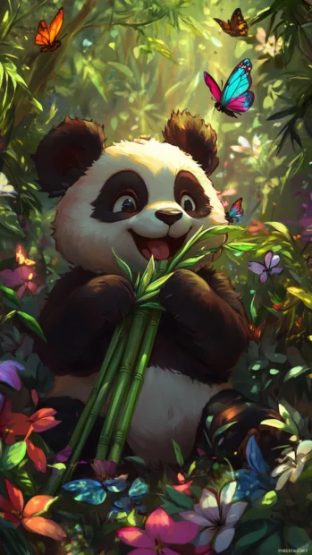 A chibi style panda munching on bamboo, surrounded by colorful flowers and butterflies, with a big, adorable smile.