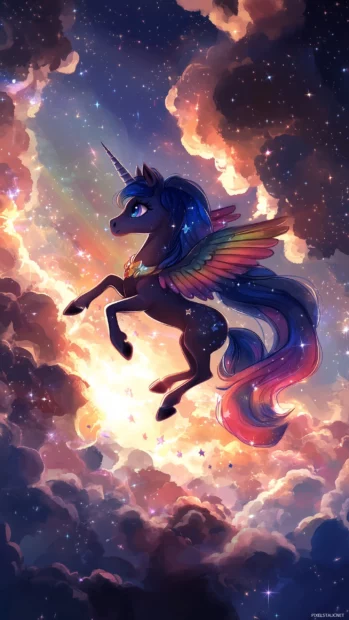 A chibi unicorn prancing through a field of rainbow colored clouds, with sparkles and stars around it.