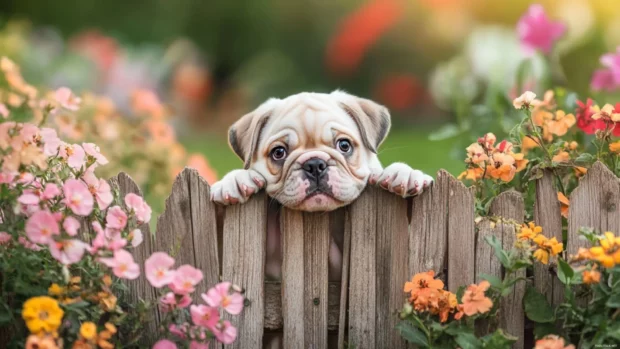 A chubby Adorable Puppy peeking over a garden fence surrounded by flowers.